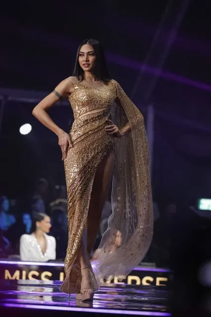 The Philippines' Beatrice Luigi Gomez participates in the evening gown stage of the 70th Miss Universe pageant, Monday, December 13, 2021, in Eilat, Israel. (Photo by Ariel Schalit/AP Photo)