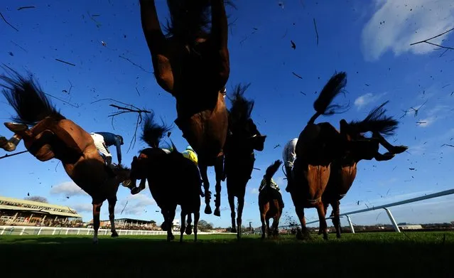 Runners and riders in action in the Free Replays On attheraces.com Handicap Chase at Hereford Racecourse on Tuesday, January 4, 2022. (Photo by David Davies/PA Images via Getty Images)