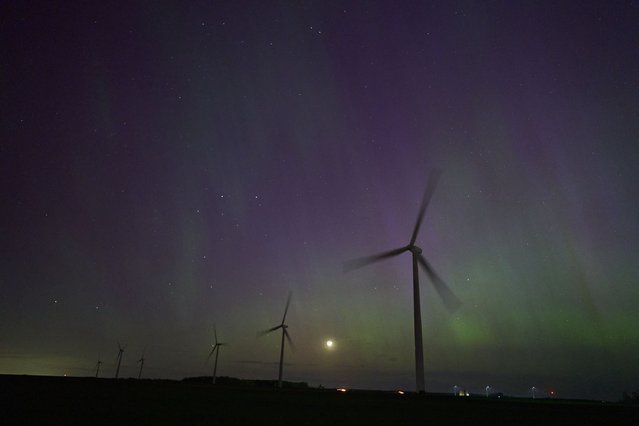 Windmills turn in a field near London, Ontario as the Northern lights or aurora borealis illuminate the night sky during a geomagnetic storm on May 10, 2024. (Photo by Geoff Robins/AFP Photo)