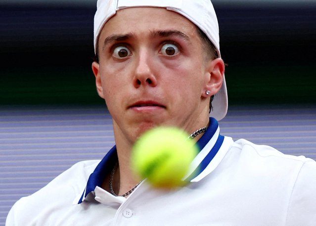Arthur Cazaux of France reacts during his match against Tomas Martin Etcheverry of Argentina in the Men's Singles first round match on Day Three of the 2024 French Open at Roland Garros on May 28, 2024 in Paris, France. (Photo by Gonzalo Fuentes/Reuters)