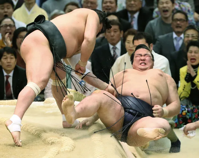 Japanese Yokozuna or sumo grand champion Kisenosato (R) is thrown out of the ring by Mongolian Yokozuna Harumafuji (L) at the Spring Grand Sumo Tournament in Osaka on March 24, 2017. (Photo by AFP Photo/JIJI Press)