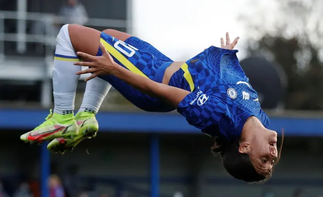 Chelsea's Sam Kerr celebrates scoring their fourth goal to complete her hat-trick during Chelsea v Birmingham City match at Kingsmeadow in London, Britain on November 21, 2021. (Photo by Matthew Childs/Action Images via Reuters)