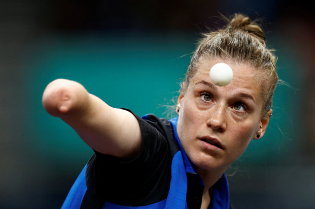 Natalia Partyka of Poland serves against Yang Qian of Australia during the women's singles WS10 gold medal match in Paris, France on September 4, 2024. (Photo by Gonzalo Fuentes/Reuters)