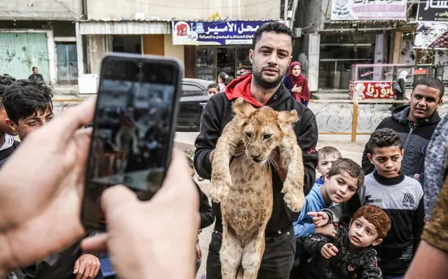 A Palestinian man holds up a lion cub before children while posing for a picture along a street in Rafah in the southern Gaza Strip on December 3, 2019, placed there by a local zoo owner to promote the venue. The Rafah Zoo in the southern Gaza Strip was known for its emaciated animals, with the owners saying they struggled to find enough money to feed them. In April, international animal rights charity Four Paws took all the animals to sanctuaries, receiving a pledge that the zoo would close forever. However it reopened again in August with two lions and three new cubs, penned in cages only a few square metres in size. (Photo by Said Khatib/AFP Photo)