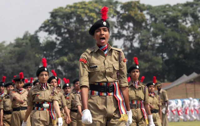 Female members of the National Cadet Corps (NCC) march during a rehearsal parade ahead of the Independence Day celebrations in Srinagar, the summer capital of Indian Kashmir, India, 13 August 2015. (Photo by Farooq Khan/EPA)