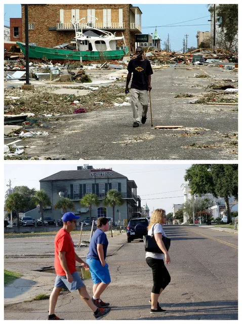 This combination of August 30, 2005 and August 14, 2015 photos shows Odell Harville walking past debris from Hurricane Katrina on Lameuse St. in Biloxi, Miss., and the same site a decade later. The storm caused major damage to the Gulf Coast from Texas to central Florida. (Photo by Jay Reeves/Gerald Herbert/AP Photo)