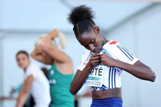 Laeticia Bapte of France reacts prior to the Athletics – Women's 100m Hurdles Semi Final 2 on day 11 of the European Championships Munich 2022 at Olympiapark on August 21, 2022 in Munich, Germany. (Photo by Simon Hofmann/Getty Images for European Athletics)