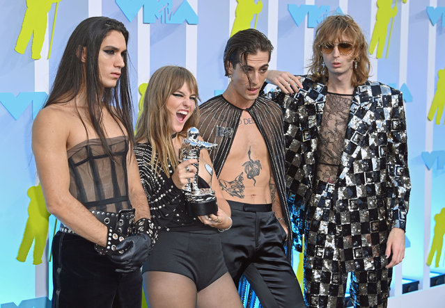 Maneskin members (left to right) Ethan Torchio, Victoria De Angelis, Damiano David and Thomas Raggi attending the MTV Video Music Awards 2022 held at the Prudential Center in Newark, New Jersey on Sunday, August 28, 2022. (Photo by Doug Peters/PA Images via Getty Images)