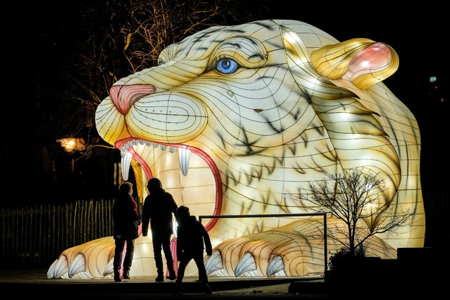Visitors are silhouetted against an illuminated animal fantasy figure, one of many displayed across the Cologne Zoo as part of the China Lights Art Festival, in Cologne, Germany, Friday, December 20, 2024. (Photo by Martin Meissner/AP Photo)