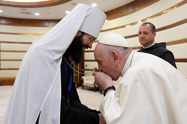 Pope Francis meets with Chairman of the Department of External Church Relations of the Moscow Patriarchate, Metropolitan Anthony of Volokolamsk on the sidelines of the VII Congress of Leaders of World and Traditional Religions at the Palace of Peace and Reconciliation in Nur-Sultan on September 14, 2022. (Photo by Handout/Vatican Media via AFP Photo)