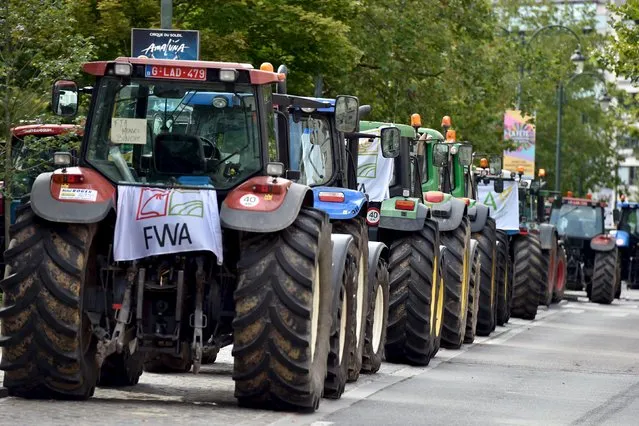 Tractors are seen in central Brussels as farmers and dairy farmers from all over Europe take part in a demonstration outside a European Union farm ministers' emergency meeting at the EU Council headquarters in Brussels, Belgium September 7, 2015. (Photo by Eric Vidal/Reuters)