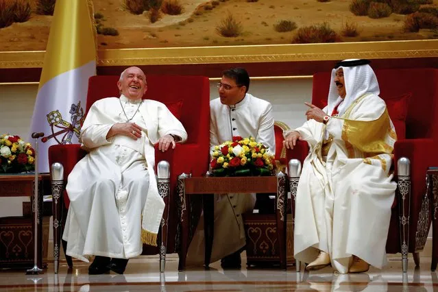 Pope Francis reacts during a meeting with Bahrain's King Hamad bin Isa Al Khalifa in the Sakhir Palace during his apostolic journey, south of Manama, Bahrain on November 3, 2022. (Photo by Yara Nardi/Reuters)