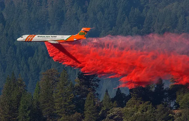 This Thursday, October 9, 2014 photo, a firefighting aircraft drops retardant over a wildfire along a hillside near Foresthill, Calif.  Fire crews are making steady progress against a wildfire burning near a Northern California interstate that has destroyed six homes and is threatening hundreds more. State fire officials say the blaze along Interstate 80 about 40 miles northeast of Sacramento was holding steady at 420 acres on Friday while containment increased to 30 percent. (Photo by Tony Hallas/AP Photo)