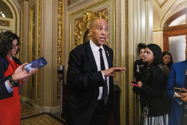 US Senator Cory Booker (Democrat of New Jersey) speaks to the media off the Senate floor after completing a record-breaking 25-hour, 5-minute filibuster in opposition to US President Trump’s agenda in Washington, DC, USA, 01 April 2025. (Photo by Aaron Schwartz/EPA/EFE)
