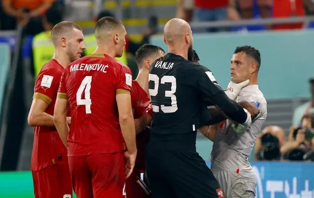 Granit Xhaka (10) of Switzerland argues with Serbian players during the FIFA World Cup Qatar 2022 Group G match between Serbia and Switzerland at Stadium 974 in Doha, Qatar on December 02, 2022. (Photo by Hannah Mckay/Reuters)