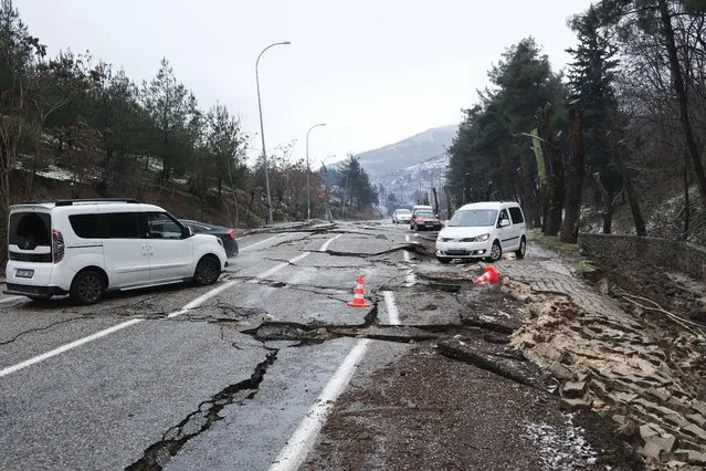 Damage occurred on the roads in Fevzipasa town of Gaziantep's Islahiye district due to earthquakes of magnitude 7.7 and 7.6 affecting 10 provinces centered in Turkiye's Kahramanmaras, on February 06, 2023 in Gaziantep, Turkiye. Early Monday morning, a strong 7.7 earthquake, centered in the Pazarcik district, jolted Kahramanmaras and strongly shook several provinces, including Gaziantep, Sanliurfa, Diyarbakir, Adana, Adiyaman, Malatya, Osmaniye, Hatay, and Kilis. Later, at 13.24 p.m. (1024GMT), a 7.6 magnitude quake centered in Kahramanmaras' Elbistan district struck the region. Turkiye declared 7 days of national mourning after deadly earthquakes in southern provinces. (Photo by Emin Sansar/Anadolu Agency via Getty Images)