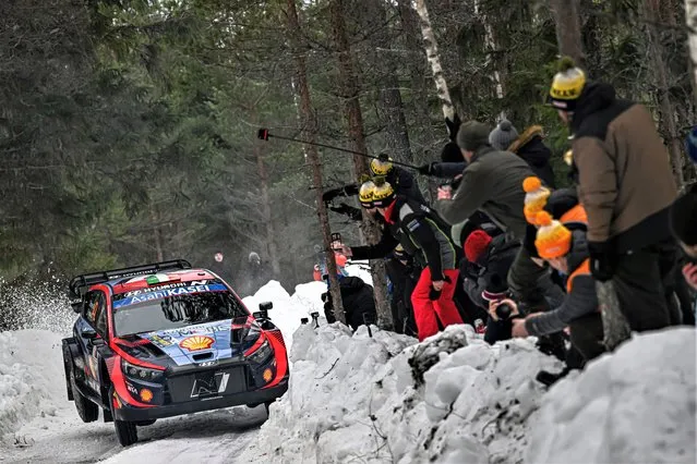Craig Breen of Ireland and James Fulton of Ireland compete in their Hyundai Shell Mobis WRT Hyundai i20 N Rally1 Hybrid during Day One of the FIA World Rally Championship Sweden on February 9, 2023 in Umea, Sweden. (Photo by Massimo Bettiol/Getty Images)