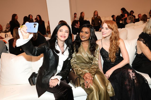 (L-R) Yao Chen, Mindy Kaling and Jessica Chastain attend the Ralph Lauren show during September 2025 New York Fashion Week on September 10, 2025 in New York City. (Photo by Mike Coppola/Getty Images)