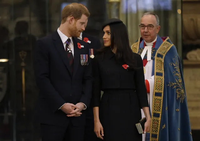 Britain's Prince Harry and Meghan Markle arrive to attend a Service of Thanksgiving and Commemoration on ANZAC Day at Westminster Abbey in London, Wednesday, April 25, 2018. (Photo by Kirsty Wigglesworth/AP Photo)