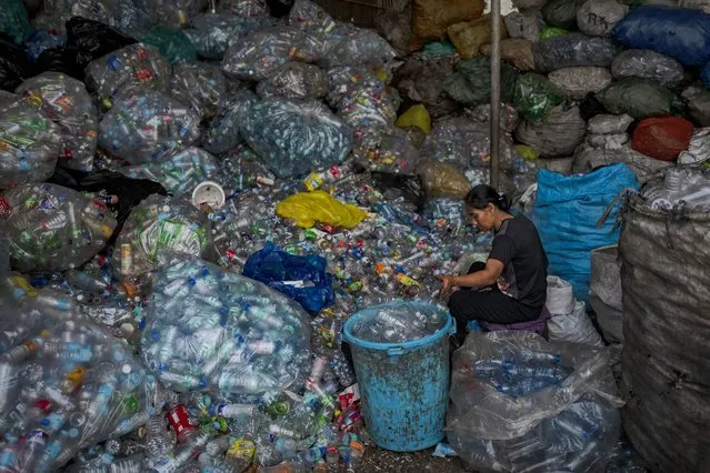 A worker sorts plastic bottles for recycling at a junkshop on April 11, 2023 in Quezon city, Metro Manila, Philippines. (Photo by Ezra Acayan/Getty Images)