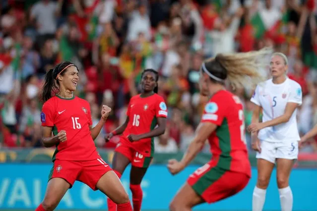Portugal's player Carole Costa celebrates a goal against Norway during the UEFA Women's Nation League soccer match held at Cidade Barcelos stadium, in Barcelos, Portugal on September 26, 2023. (Photo by Estela Silva/LUSA)