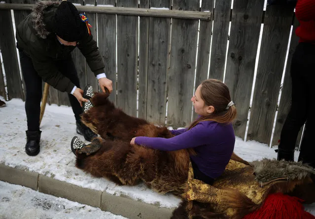 A woman is helped as she wears a costume made of bearskin during a festival in the town of Comanesti, Romania December 30, 2016. (Photo by Stoyan Nenov/Reuters)