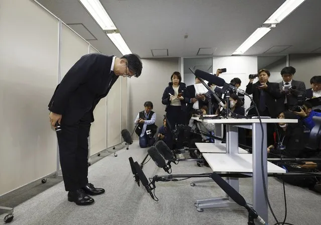 Toyota Motor Corp. CEO Koji Sato bows in front of the media in Tokyo, Japan, Monday, January 29, 2024. Toyota Chief Sato apologized Monday to customers, suppliers and dealers for flawed testing at a group company, which follows similar problems in recent years.(Photo by Kyodo News via AP Photo)