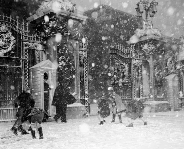 Children play snowballs in front of Buckingham Palace, London, January 4, 1955, whilst a sentry stands in his box and a policemen patrols in front of the gates. (Photo by AP Photo/Staff/Smart)