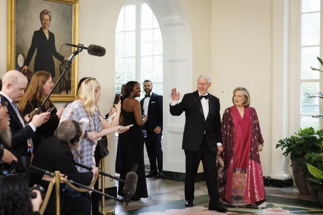 Former US President Bill Clinton, and former Secretary of State Hillary Rodham Clinton, arrive to attend a state dinner in honor of Japanese Prime Minister Kishida Fumio hosted by US President Joe Biden and First Lady Jill Biden at the White House in Washington on April 10, 2024. (Photo by Ting Shen/UPI/Rex Features/Shutterstock)