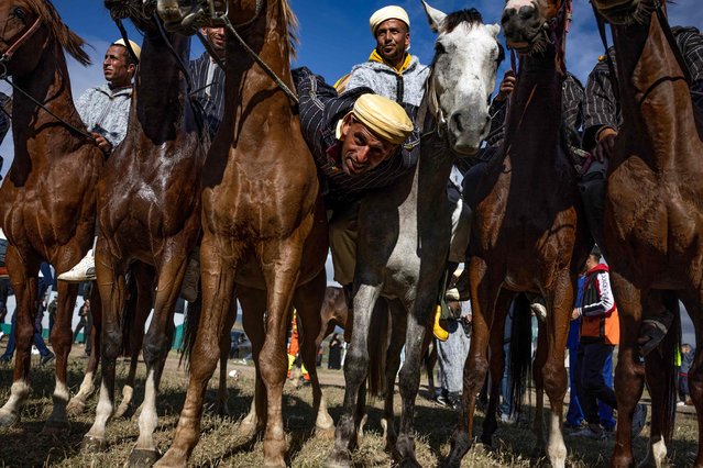 Riders from the Beni Arous tribe attend the traditional equestrian game and performance “Mata”, near the village of Znied in Morocco's Larache province on May 17, 2024. (Photo by Fadel Senna/AFP Photo)
