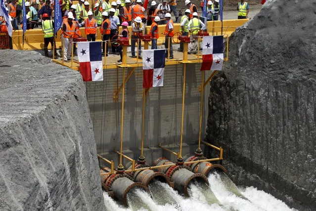 Pipes are pictured as the valves open to start the flooding of the Panama Canal Expansion project on the outskirts of Colon City June 11, 2015. (Photo by Carlos Jasso/Reuters)