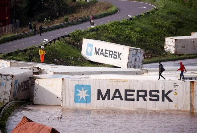 A view of shipping containers, which were washed away after heavy rains caused flooding, in Durban, South Africa, April 12, 2022. (Photo by Rogan Ward/Reuters)