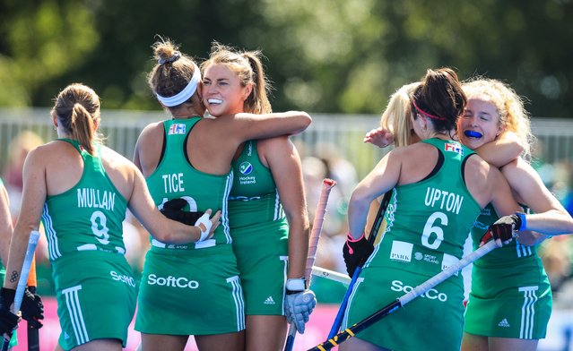 Ireland celebrate scoring their side's opening goal during the Women's 2022 EuroHockey Championship Qualifier match between Ireland and Turkey at Sport Ireland Campus in Dublin on August 21, 2022. (Photo by Evan Treacy/©INPHO)