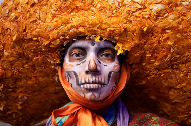 People characterized as death, catrinas and catrines during the announcement of the Day of the Dead activities at the press conference at the Mexico City Museum in Mexico City on October 16, 2023. (Photo by Luis Barron/Eyepix Group/Rex Features/Shutterstock)