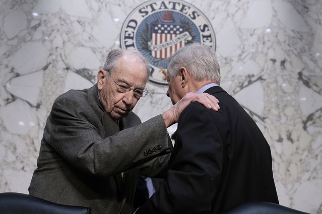 Senate Judiciary Committee Chairman Chuck Grassley, R- Iowa, left, confers with Sen. Dick Durbin, D-Ill., the ranking member, as the panel meets to consider prescription drug pricing and other measures, at the Capitol in Washington, Thursday, April 3, 2025. (Photo by J. Scott Applewhite/AP Photo)