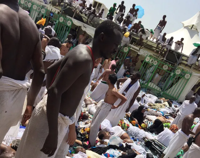 Muslim pilgrims gather around the victims of a stampede in Mina, Saudi Arabia during the annual hajj pilgrimage on Thursday, September 24, 2015. (Photo by AP Photo)