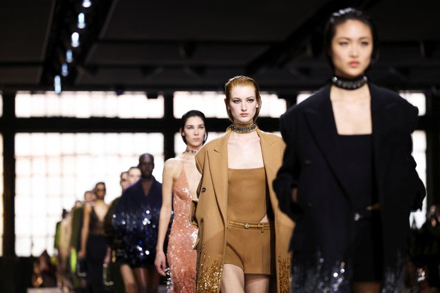 Models present creations from the Gucci Fall/Winter 2024 collection during Fashion Week in Milan, Italy, on February 23, 2024. (Photo by Claudia Greco/Reuters)