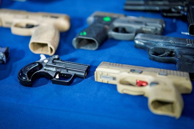 Confiscated illegal guns are displayed during a press conference by New York City Mayor Eric Adams and New York City Police Commissioner Jessica Tisch at City Hall in Manhattan on June 3, 2025. (Photo by Eduardo Munoz/Reuters)