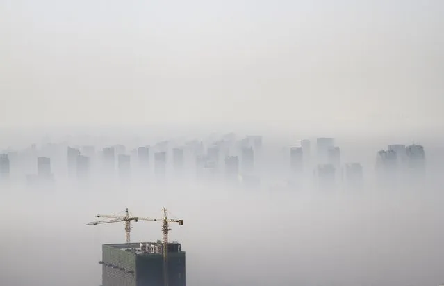 A building under construction is seen amidst smog on a polluted day in Shenyang, Liaoning province November 21, 2014. Hurt by a cooling property sector, erratic foreign demand and slackening domestic investment growth, China's economy is seen posting its weakest annual growth in 24 years this year at 7.4 percent. (Photo by Jacky Chen/Reuters)