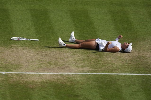 Iga Swiatek of Poland reacts after winning the women's singles final match against Amanda Anisimova of the U.S. at the Wimbledon Tennis Championships in London, Saturday, July 12, 2025. (Photo by Joanna Chan/AP Photo)