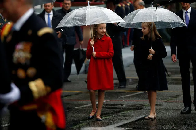 Spanish Princesses Sofia (L) and Leonor attend a military parade marking Spain's National Day in Madrid, Spain October 12, 2016. (Photo by Juan Medina/Reuters)