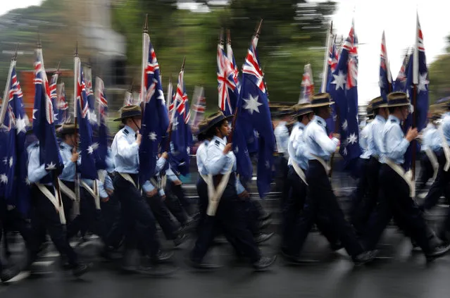 A contingent of flag bearers marches past during an Anzac Day parade in Sydney, Australia April 25, 2018. (Photo by Edgar Su/Reuters)