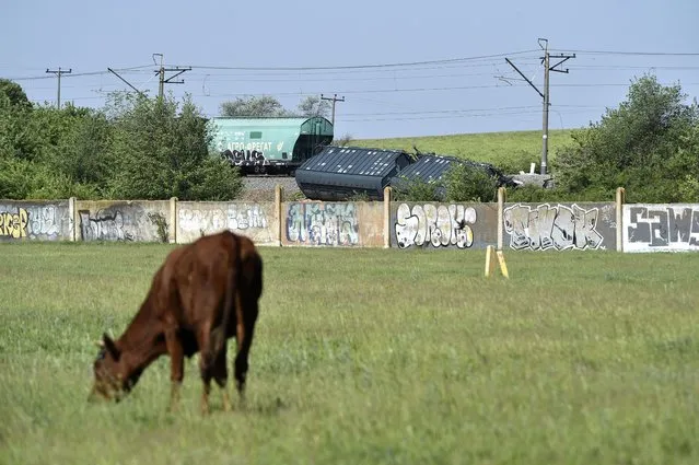 Derailed train cars carrying grain are seen next to the railroad track, Crimea, Thursday, May 18, 2023. Quoting a source within the emergency services, state news agency RIA Novosti said that the incident occurred not far from the city of Simferopol. The Crimean Railway reported that the derailment was caused by “the interference of unauthorized persons” and that there were no casualties. (Photo by AP Photo/Stringer)