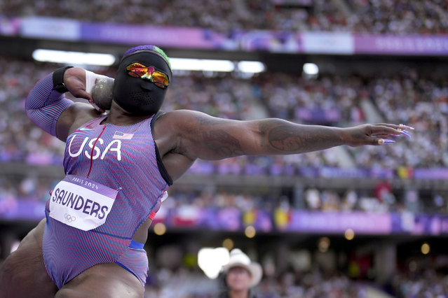Raven Saunders, of the United States, competes during the women's shot put qualification at the 2024 Summer Olympics, Thursday, Aug. 8, 2024, in Saint-Denis, France. (Photo by Bernat Armangue/AP Photo)