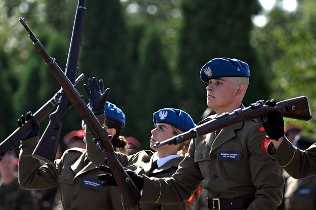 Polish cadets attend a ceremony to mark the start of the new school year during the 2024 International Defence Industry Exhibition in Kielce on September 3, 2024. (Photo by Sergei Gapon/AFP Photo)