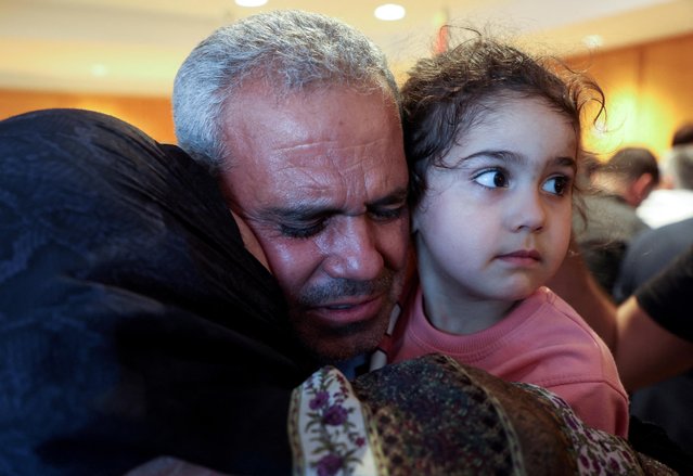 Ali Mazloum, a Lebanese citizen who was evacuated from Sudan, is welcomed upon arrival at Beirut airport, Lebanon on April 25, 2023. (Photo by Mohamed Azakir/Reuters)