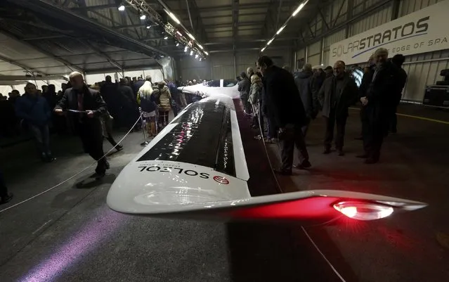 Solarstratos, a solar-powered two-seater aircraft with a mission to fly some 24,000m (78,000 feet) above earth set to take place in 2018, is pictured during the roll out presentation in Payerne, Switzerland December 7, 2016. (Photo by Denis Balibouse/Reuters)