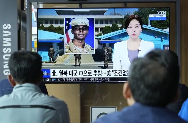 A TV screen shows a file image of American soldier Travis King during a news program at the Seoul Railway Station in Seoul, South Korea, Thursday, September 28, 2023. The U.S. has secured the release of King who sprinted across a heavily fortified border into North Korea more than two months ago, and he is on his way back to America, officials announced Wednesday. U.S. ally Sweden and rival China helped with the transfer. (Photo by Ahn Young-joon/AP Photo)