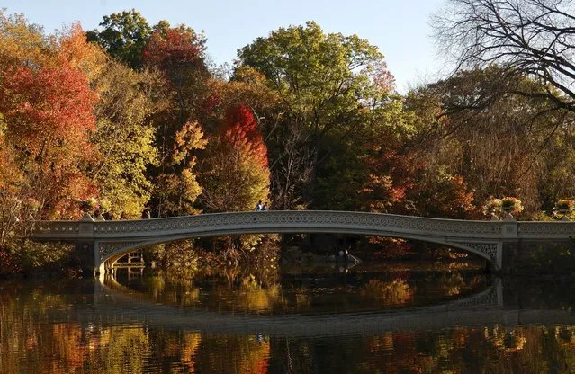 People walk across the Bow Bridge at sunrise in Central Park as trees turn color on November 2, 2023, in New York City.  (Photo by Gary Hershorn/Getty Images)