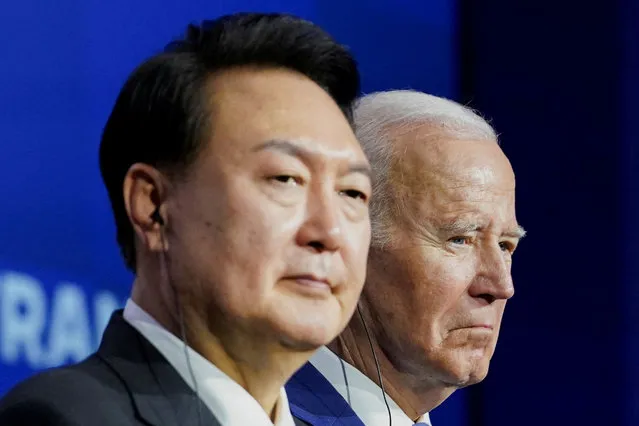 U.S. President Joe Biden and South Korea's President Yoon Suk Yeol attend an Indo-Pacific Economic Framework event at the Asia-Pacific Economic Cooperation (APEC) summit in San Francisco, California on November 16, 2023. (Photo by Kevin Lamarque/Reuters)